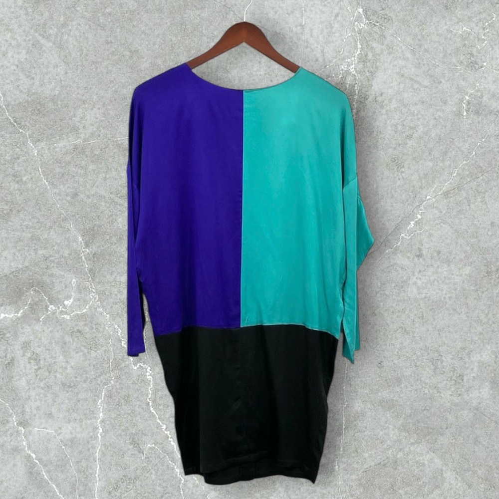 Vintage Dorman Silk Colorblock Dress Women’s Medium Black Turquoise Royal Blue